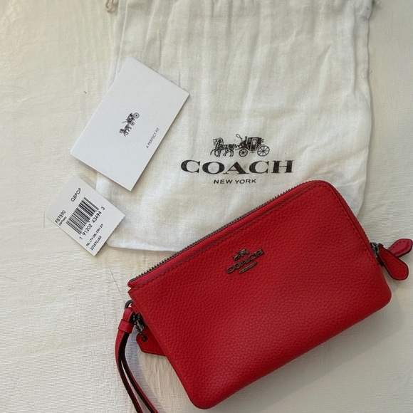 Coach Red Pebble Leather Wristlet Wallet Zip Pouch NWT - Picture 2 of 7